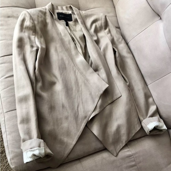 BCBG Max Azria Pumice Draped Front Jacket Blazer Camel Beige White Striped Sz XS - Picture 4 of 8